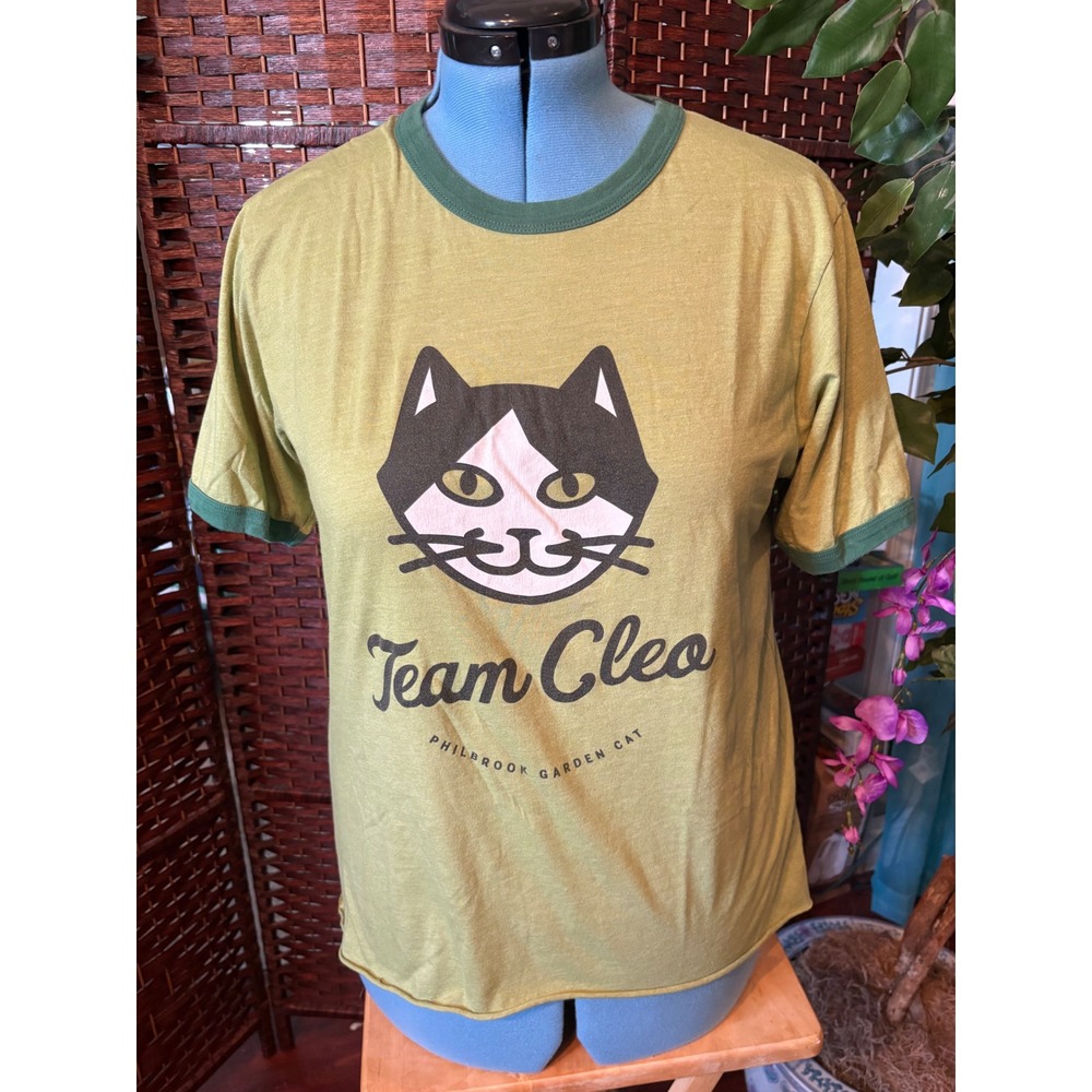 Philbrook Garden Cat Team Cleo Ringer Tee Green Tuxedo Cat Graphic Shirt
